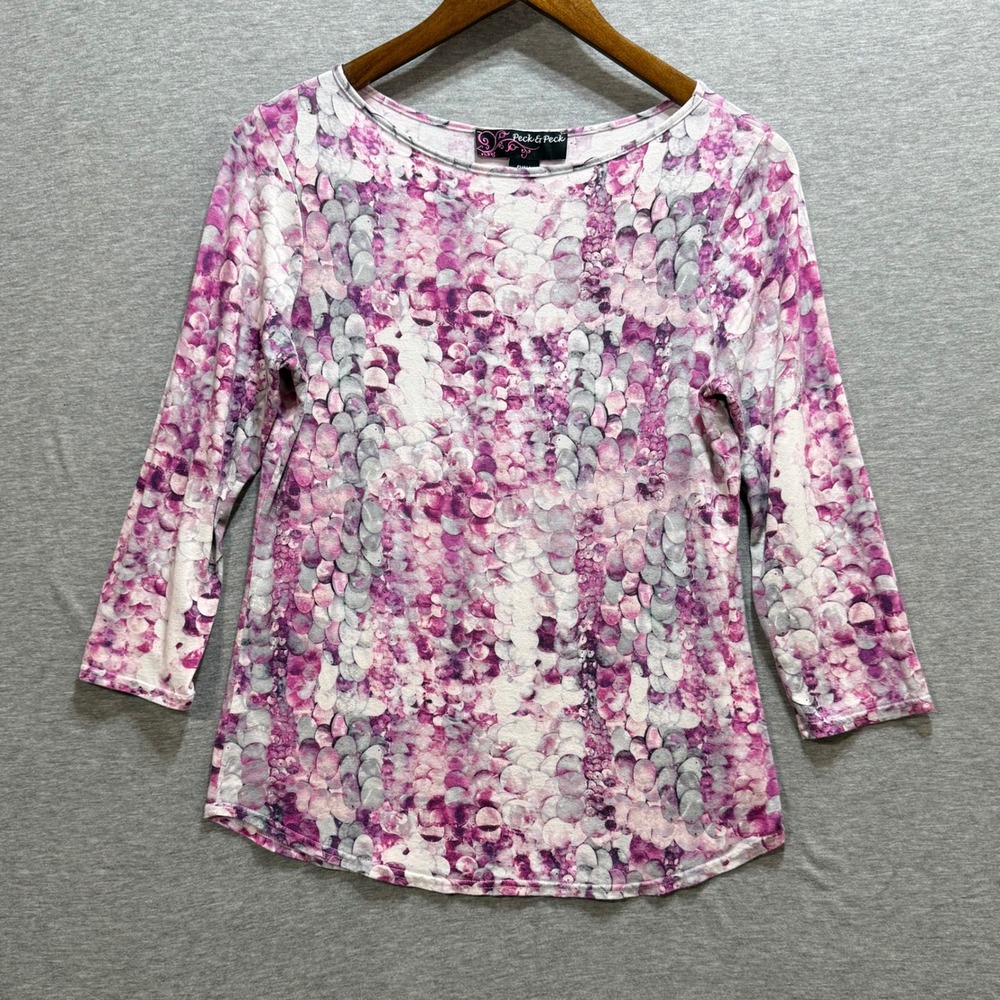 Peck & Peck 3/4 Sleeve Top Womens Small Purple Pink Mosaic Bubble Print Artsy